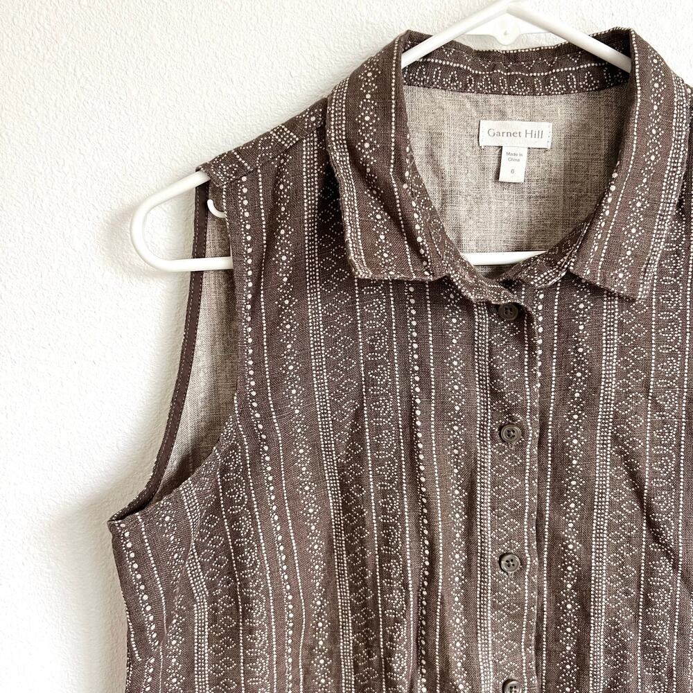 Garnet Hill Sleeveless 100% Linen Brown Patterned Button Dress Women’s 6 - Picture 8 of 9